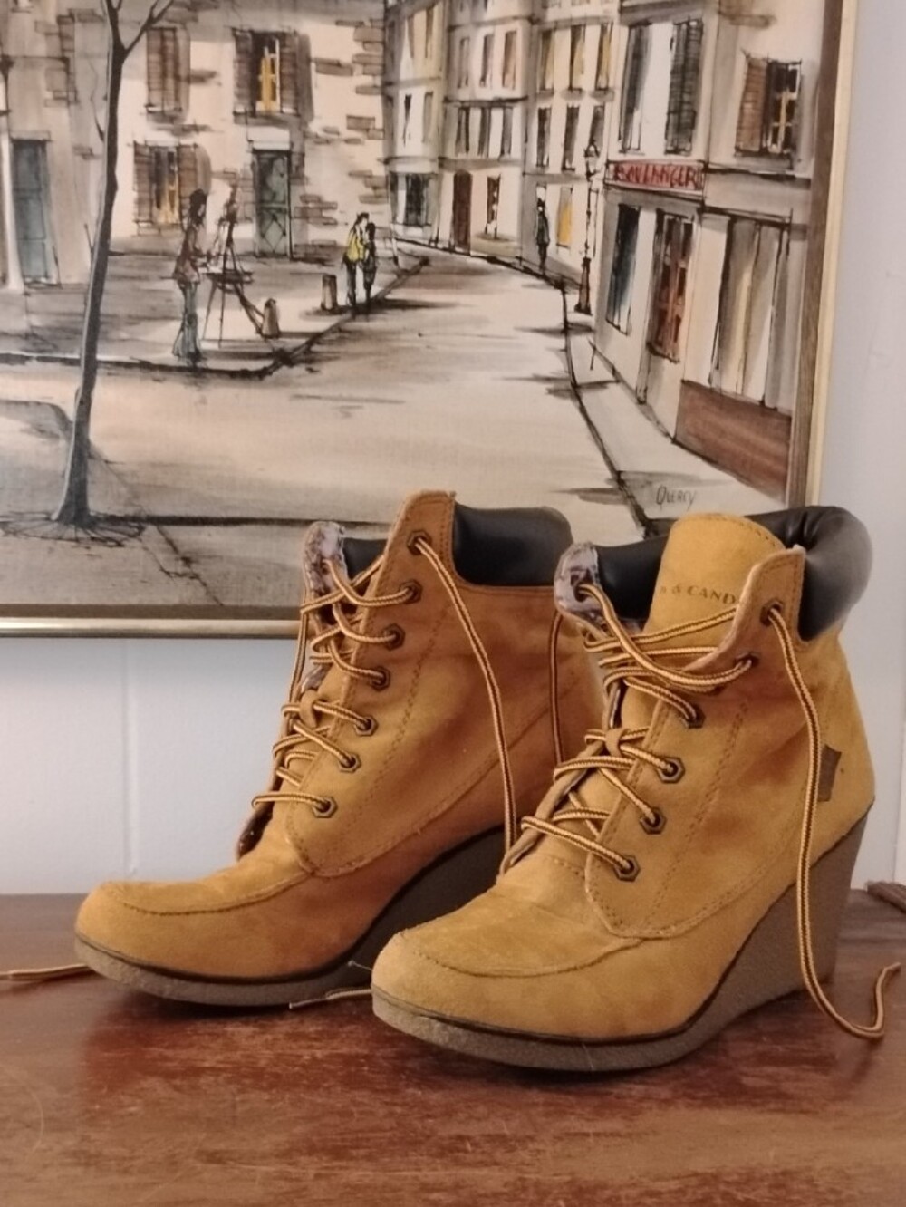 Rock & Candy Mustard Tan Suede Wedge Lace-Up Booties - Picture 2 of 5